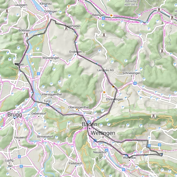 Zemljevid v pomanjšavi "Povratna cestna pot skozi slikovite vasice in razgledne točke" kolesarske inspiracije v Zürich, Switzerland. Generirano z načrtovalcem kolesarskih poti Tarmacs.app