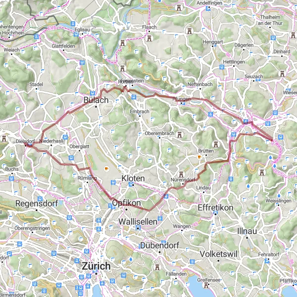 Map miniature of "Gravel Escape: Dielsdorf Loop" cycling inspiration in Zürich, Switzerland. Generated by Tarmacs.app cycling route planner
