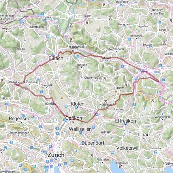 Miniatura della mappa di ispirazione al ciclismo "Percorso panoramico da Oberhöri a Niederhasli" nella regione di Zürich, Switzerland. Generata da Tarmacs.app, pianificatore di rotte ciclistiche