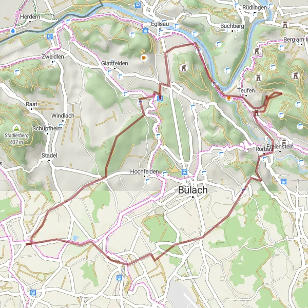 Kartminiatyr av "Grusvei-sykling til Dielsdorf" sykkelinspirasjon i Zürich, Switzerland. Generert av Tarmacs.app sykkelrutoplanlegger