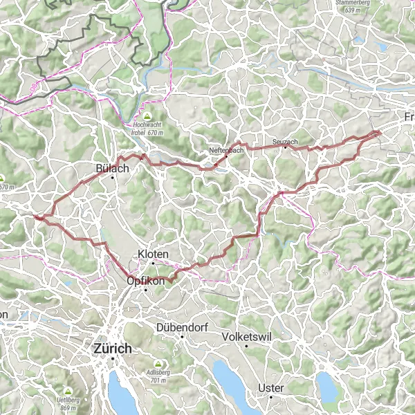 Miniatua del mapa de inspiración ciclista "Dielsdorf - Oberhöri - Neftenbach - Schloss Wiesendangen - Alte Sagi - Niederhasli" en Zürich, Switzerland. Generado por Tarmacs.app planificador de rutas ciclistas