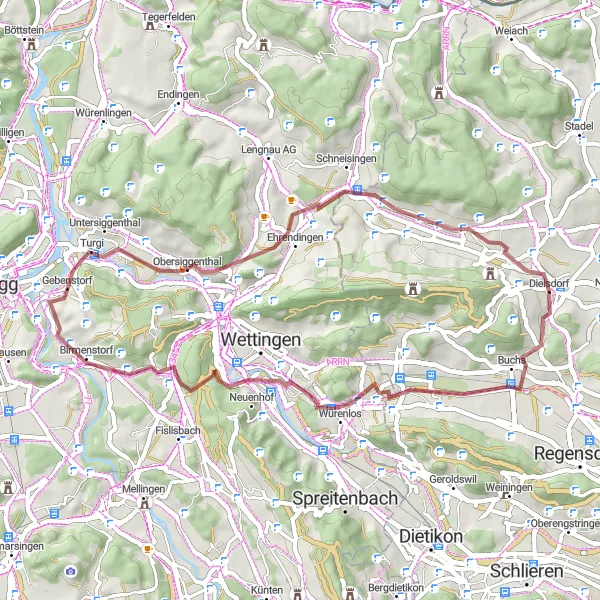 Map miniature of "Dielsdorf Gravel Adventure" cycling inspiration in Zürich, Switzerland. Generated by Tarmacs.app cycling route planner