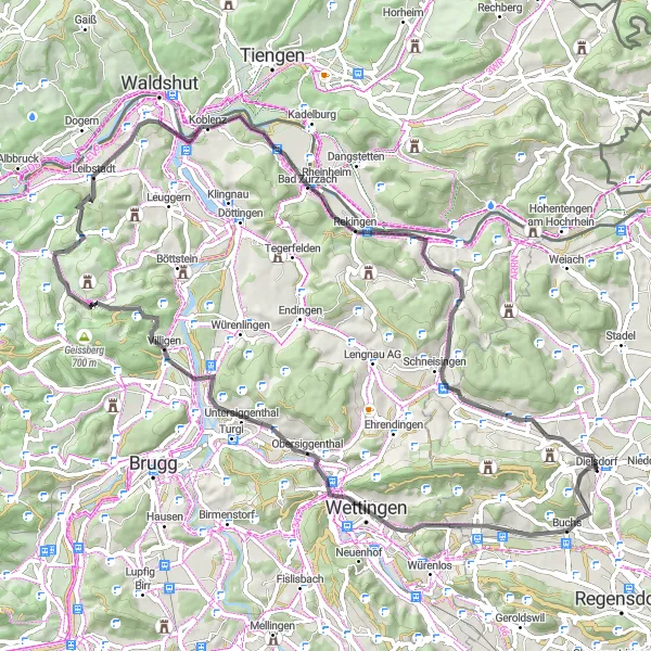 Miniatura della mappa di ispirazione al ciclismo "Giro in bicicletta da Dielsdorf a Niederweningen" nella regione di Zürich, Switzerland. Generata da Tarmacs.app, pianificatore di rotte ciclistiche