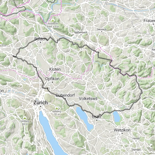 Kartminiatyr av "Dielsdorf-Oberhöri-Berenberg-Sennhof-Saland-Pfäffikersee-Seebach-Niederhasli" sykkelinspirasjon i Zürich, Switzerland. Generert av Tarmacs.app sykkelrutoplanlegger