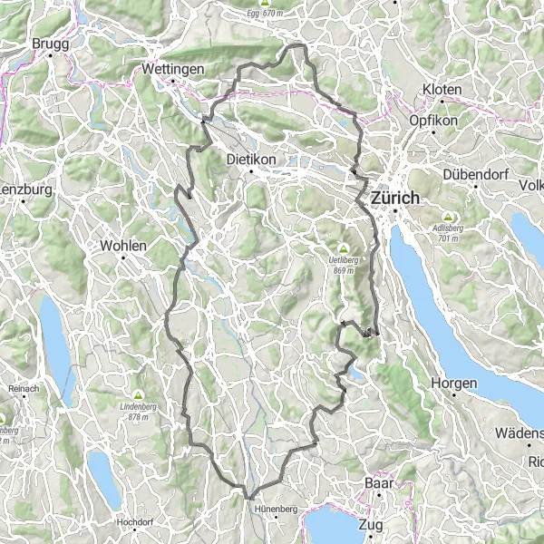 Zemljevid v pomanjšavi "Razgibana cikelrute s pogledi na gore" kolesarske inspiracije v Zürich, Switzerland. Generirano z načrtovalcem kolesarskih poti Tarmacs.app