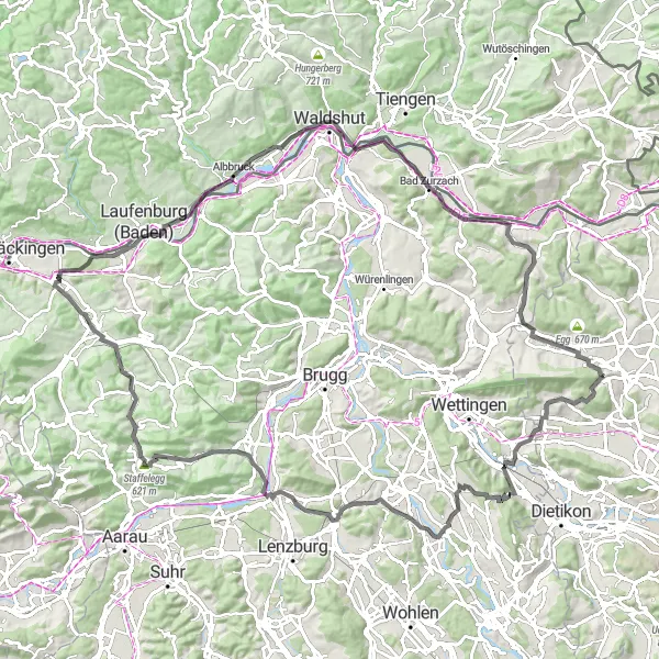 Kartminiatyr av "Utmanande landsvägsrundan till Schloss Regensberg" cykelinspiration i Zürich, Switzerland. Genererad av Tarmacs.app cykelruttplanerare