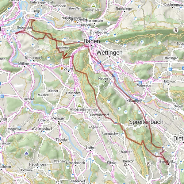 Miniatura mapy "Trasa Gravel przez Chrüzliberg i Gebenstorfer Horn" - trasy rowerowej w Zürich, Switzerland. Wygenerowane przez planer tras rowerowych Tarmacs.app