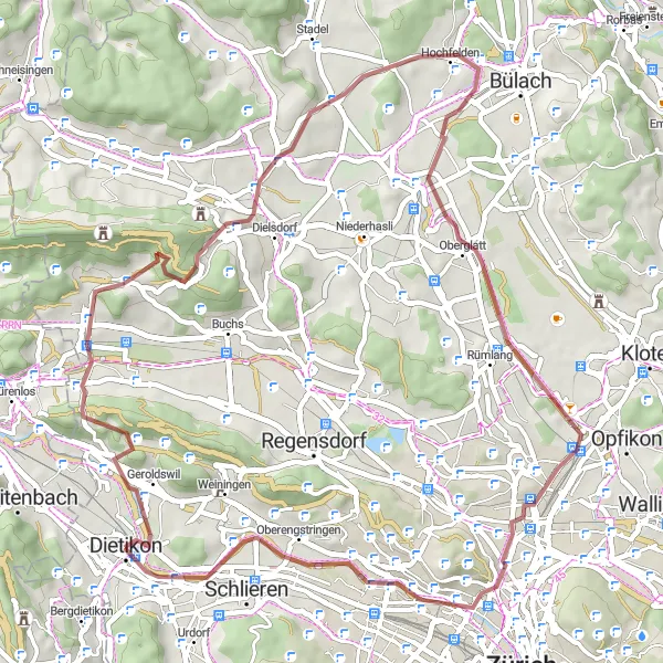 Miniatuurkaart van de fietsinspiratie "Gravelroute van Dietikon naar Aussichtsturm Altberg" in Zürich, Switzerland. Gemaakt door de Tarmacs.app fietsrouteplanner