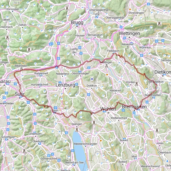Miniatua del mapa de inspiración ciclista "Ruta de grava de 70 km desde Dietikon" en Zürich, Switzerland. Generado por Tarmacs.app planificador de rutas ciclistas