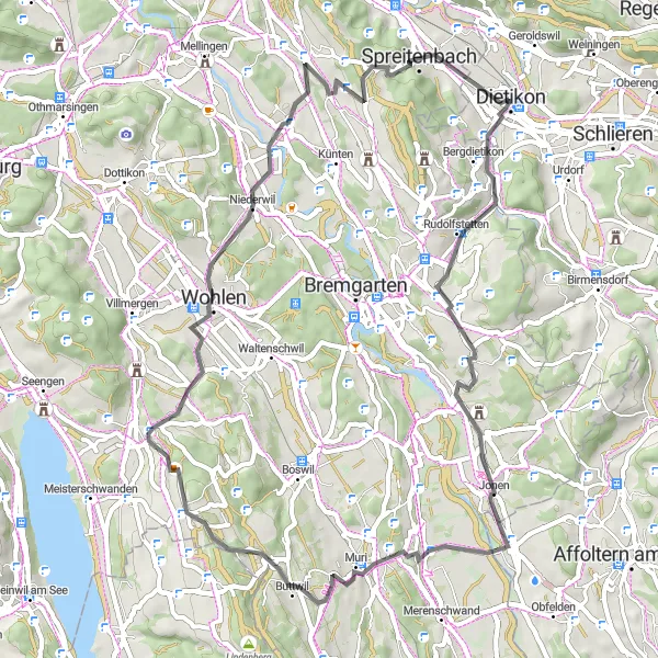Mapa miniatúra "Okružná road cyklotúra cez Muri" cyklistická inšpirácia v Zürich, Switzerland. Vygenerované cyklistickým plánovačom trás Tarmacs.app