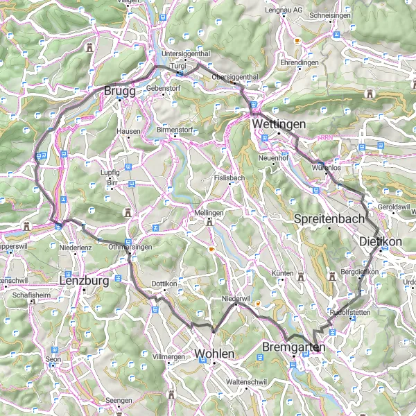 Miniatua del mapa de inspiración ciclista "Ruta de 64 km en carretera desde Dietikon" en Zürich, Switzerland. Generado por Tarmacs.app planificador de rutas ciclistas
