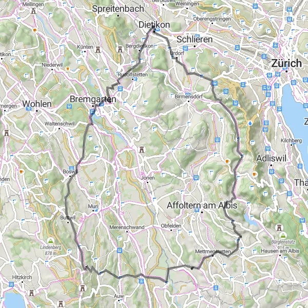 Miniaturní mapa "Uetliberg a okolí" inspirace pro cyklisty v oblasti Zürich, Switzerland. Vytvořeno pomocí plánovače tras Tarmacs.app