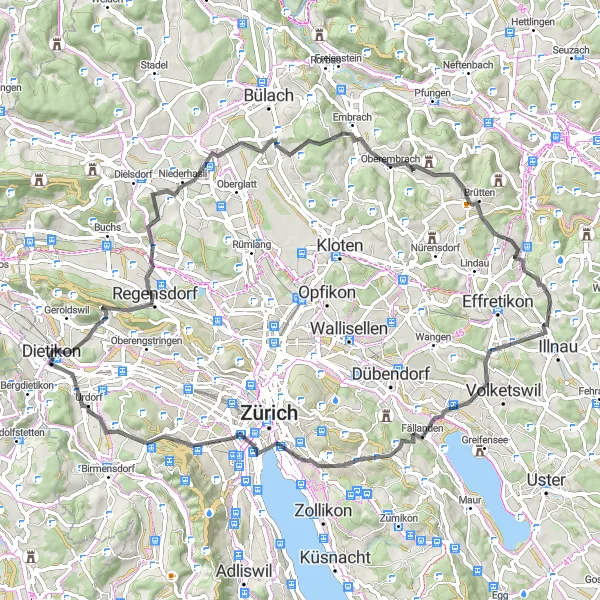 Map miniature of "Dietikon to Schlössli Weiningen Loop" cycling inspiration in Zürich, Switzerland. Generated by Tarmacs.app cycling route planner