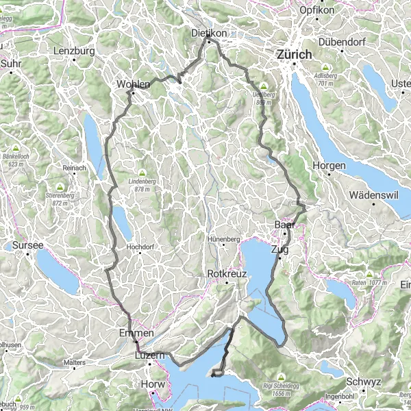 Zemljevid v pomanjšavi "Uetliberg in Hausen am Albis" kolesarske inspiracije v Zürich, Switzerland. Generirano z načrtovalcem kolesarskih poti Tarmacs.app