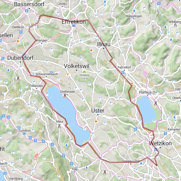 Miniatuurkaart van de fietsinspiratie "Gravelroute Dietlikon - Wetzikon" in Zürich, Switzerland. Gemaakt door de Tarmacs.app fietsrouteplanner