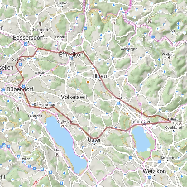 Miniaturní mapa "Gravelová cesta kolem Pfäffikersee" inspirace pro cyklisty v oblasti Zürich, Switzerland. Vytvořeno pomocí plánovače tras Tarmacs.app