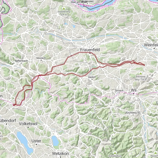 Miniatura della mappa di ispirazione al ciclismo "Esplorazione ciclistica tra Dietlikon e Frauenfeld" nella regione di Zürich, Switzerland. Generata da Tarmacs.app, pianificatore di rotte ciclistiche