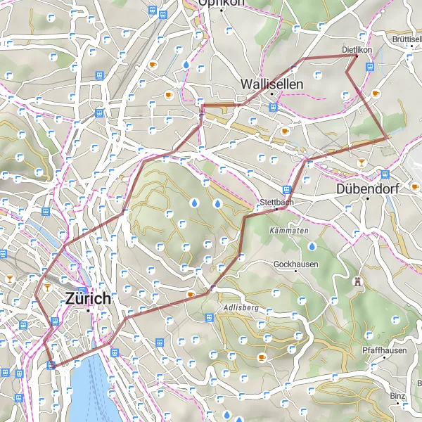 Kartminiatyr av "Gravel-äventyr runt Zürich" cykelinspiration i Zürich, Switzerland. Genererad av Tarmacs.app cykelruttplanerare