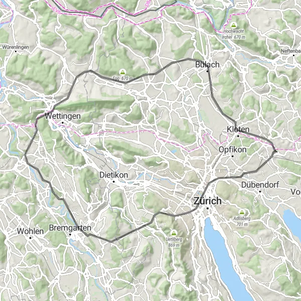 Miniatuurkaart van de fietsinspiratie "Dietlikon - Schneisingen - Bülach - Hasenbüel Route" in Zürich, Switzerland. Gemaakt door de Tarmacs.app fietsrouteplanner