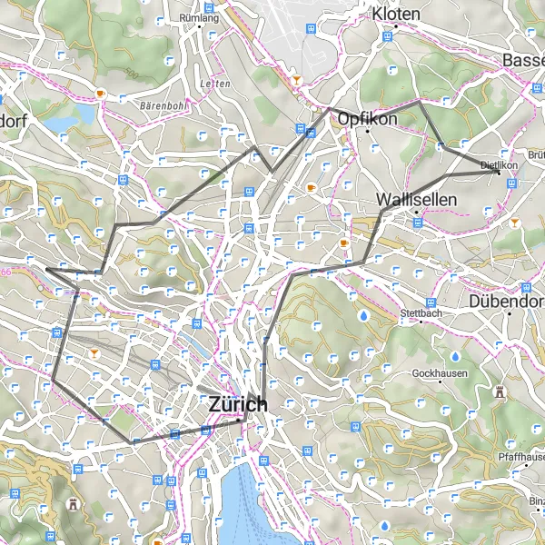 Map miniature of "Dietlikon to Lindenhof Circuit" cycling inspiration in Zürich, Switzerland. Generated by Tarmacs.app cycling route planner