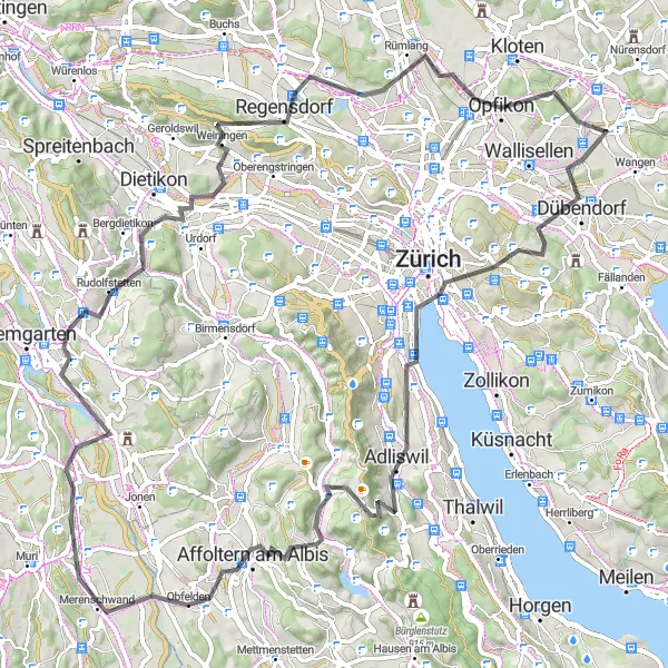 Map miniature of "Road Cycling Adventure: Zurich and Beyond" cycling inspiration in Zürich, Switzerland. Generated by Tarmacs.app cycling route planner