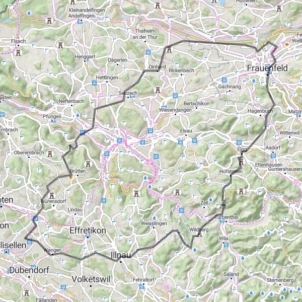 Miniatura della mappa di ispirazione al ciclismo "Giro in bicicletta panoramico da Dietlikon a Frauenfeld" nella regione di Zürich, Switzerland. Generata da Tarmacs.app, pianificatore di rotte ciclistiche