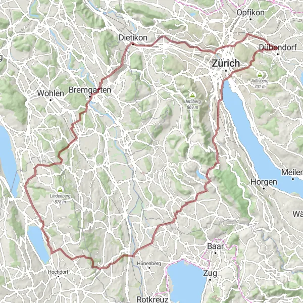 Karttaminiaatyyri "Gravelipyöräilyreitti Dübendorfista" pyöräilyinspiraatiosta alueella Zürich, Switzerland. Luotu Tarmacs.app pyöräilyreittisuunnittelijalla