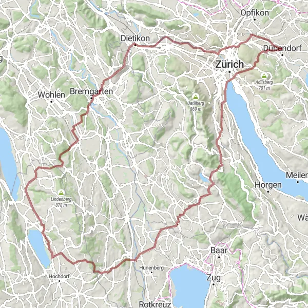 Map miniature of "Gravel Adventure" cycling inspiration in Zürich, Switzerland. Generated by Tarmacs.app cycling route planner