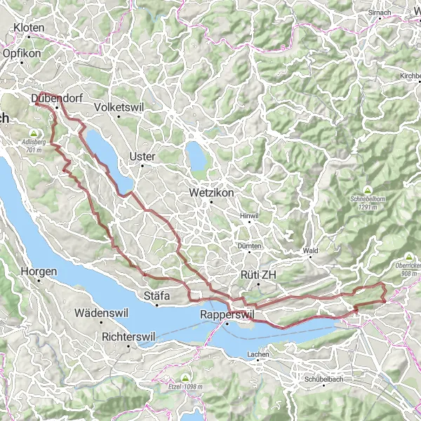 Mapa miniatúra "Gravel Route cez Pfannenstiel" cyklistická inšpirácia v Zürich, Switzerland. Vygenerované cyklistickým plánovačom trás Tarmacs.app