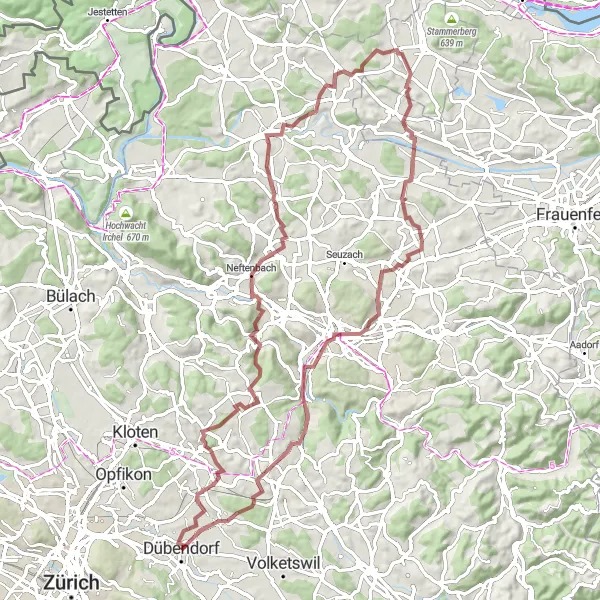 Miniatura della mappa di ispirazione al ciclismo "Percorso in Mountain Bike da Dübendorf a Wangen" nella regione di Zürich, Switzerland. Generata da Tarmacs.app, pianificatore di rotte ciclistiche