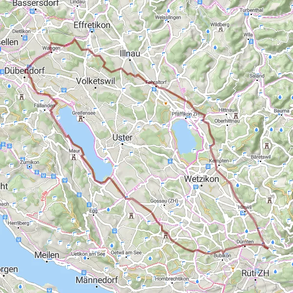 Mapa miniatúra "Gravelkingske dobrodružstvo" cyklistická inšpirácia v Zürich, Switzerland. Vygenerované cyklistickým plánovačom trás Tarmacs.app