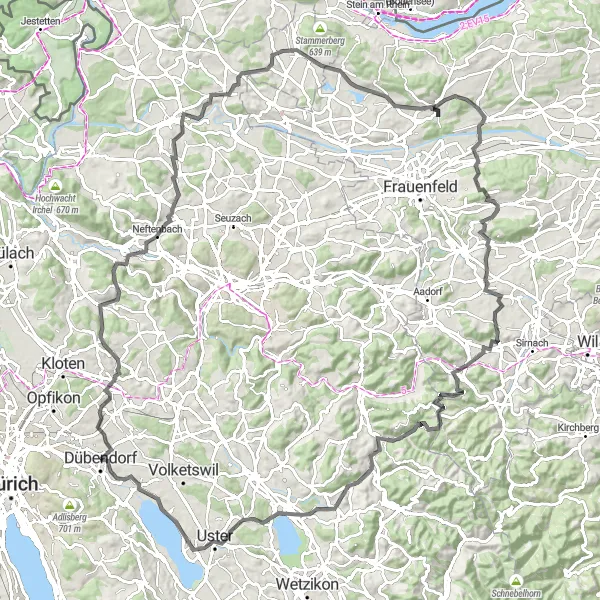 Zemljevid v pomanjšavi "Kolesarska tura po slikoviti pokrajini Züricha" kolesarske inspiracije v Zürich, Switzerland. Generirano z načrtovalcem kolesarskih poti Tarmacs.app