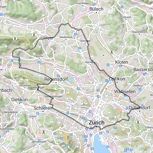 Map miniature of "Zürich and Regensdorf Loop" cycling inspiration in Zürich, Switzerland. Generated by Tarmacs.app cycling route planner