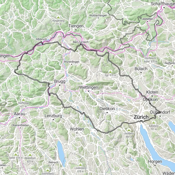 Miniature de la carte de l'inspiration cycliste "Tour de la Campagne Zurichoise" dans la Zürich, Switzerland. Générée par le planificateur d'itinéraire cycliste Tarmacs.app