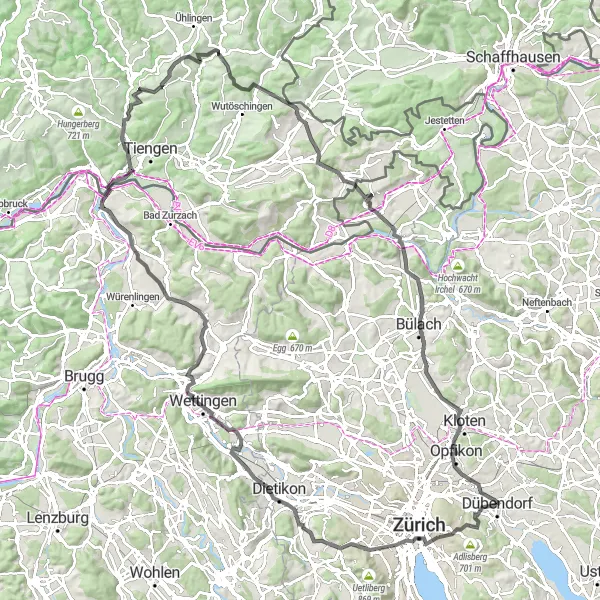 Map miniature of "Adventurous Hills and Riverside" cycling inspiration in Zürich, Switzerland. Generated by Tarmacs.app cycling route planner