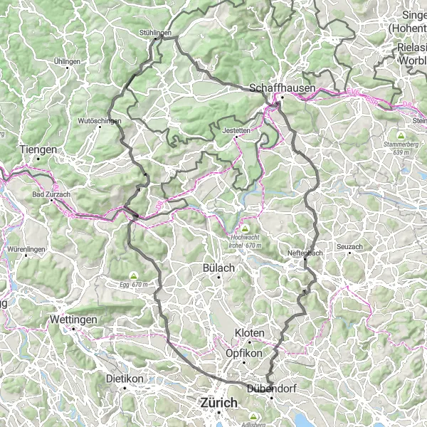 Zemljevid v pomanjšavi "Cestna pustolovščina skozi slikovite predel Züricha" kolesarske inspiracije v Zürich, Switzerland. Generirano z načrtovalcem kolesarskih poti Tarmacs.app