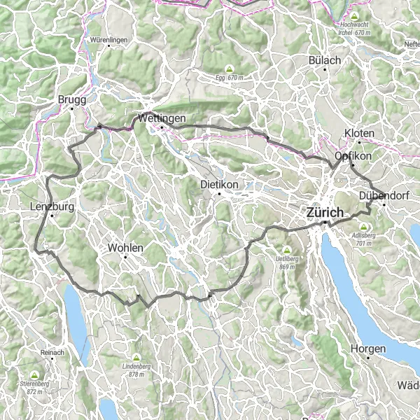 Karttaminiaatyyri "Vaihteleva Zürichin rengas" pyöräilyinspiraatiosta alueella Zürich, Switzerland. Luotu Tarmacs.app pyöräilyreittisuunnittelijalla