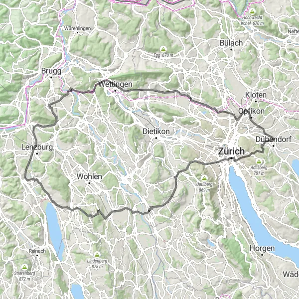 Miniaturekort af cykelinspirationen "Naturskøn rute fra Zürich til Baden" i Zürich, Switzerland. Genereret af Tarmacs.app cykelruteplanlægger