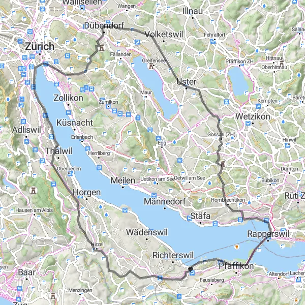 Miniatura della mappa di ispirazione al ciclismo "Avventura su due ruote da Dübendorf a Witikon" nella regione di Zürich, Switzerland. Generata da Tarmacs.app, pianificatore di rotte ciclistiche