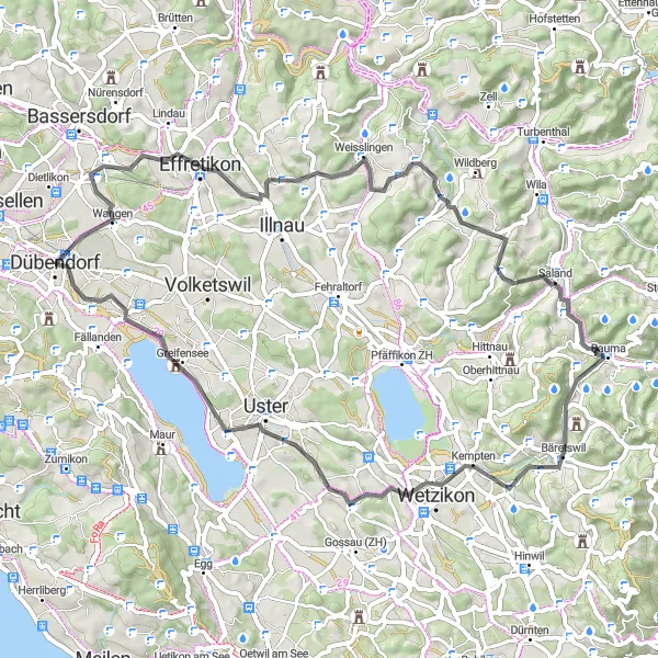 Kartminiatyr av "Rundtur fra Dübendorf til Uster" sykkelinspirasjon i Zürich, Switzerland. Generert av Tarmacs.app sykkelrutoplanlegger