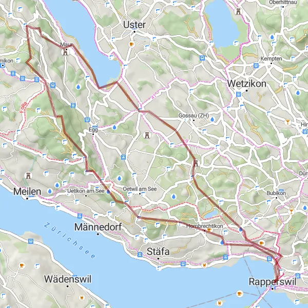 Zemljevid v pomanjšavi "Gravel pustolovščina v Grüningenu" kolesarske inspiracije v Zürich, Switzerland. Generirano z načrtovalcem kolesarskih poti Tarmacs.app
