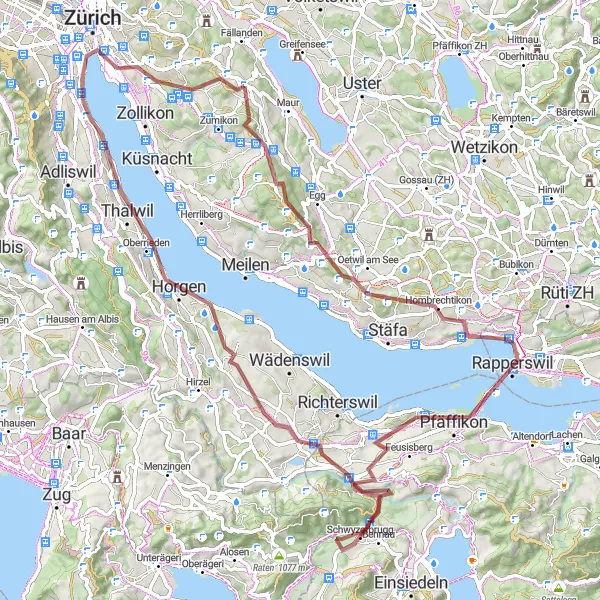 Map miniature of "Ebmatingen - Forch - Stollen - Lindenhof - Freienbach - Frohberg - Samstagern - Bürkliplatz - Zurich - Binz - Guglen - Ebmatingen" cycling inspiration in Zürich, Switzerland. Generated by Tarmacs.app cycling route planner