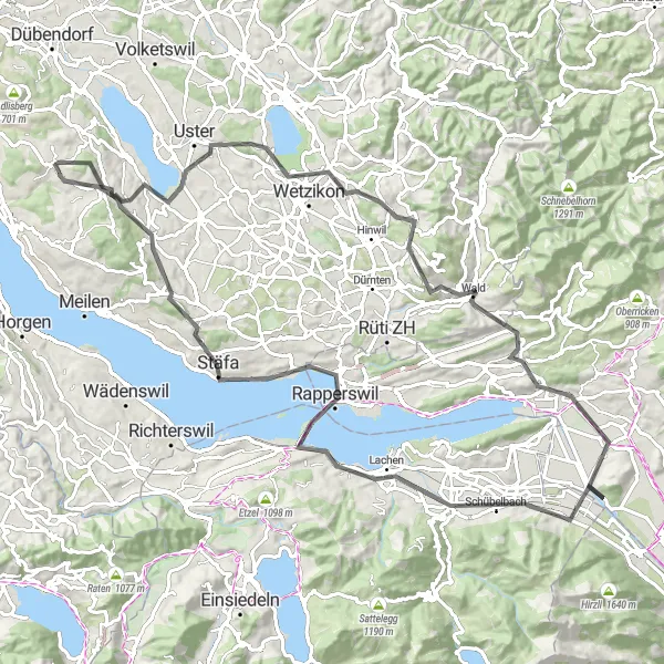 Karttaminiaatyyri "Wetzikon to Wassberg Circuit" pyöräilyinspiraatiosta alueella Zürich, Switzerland. Luotu Tarmacs.app pyöräilyreittisuunnittelijalla
