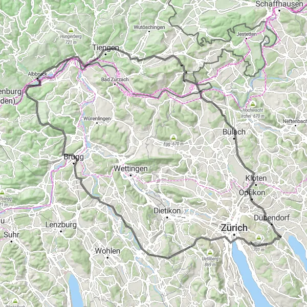 Miniatua del mapa de inspiración ciclista "Ruta panorámica a través de Albbruck y Kloten" en Zürich, Switzerland. Generado por Tarmacs.app planificador de rutas ciclistas