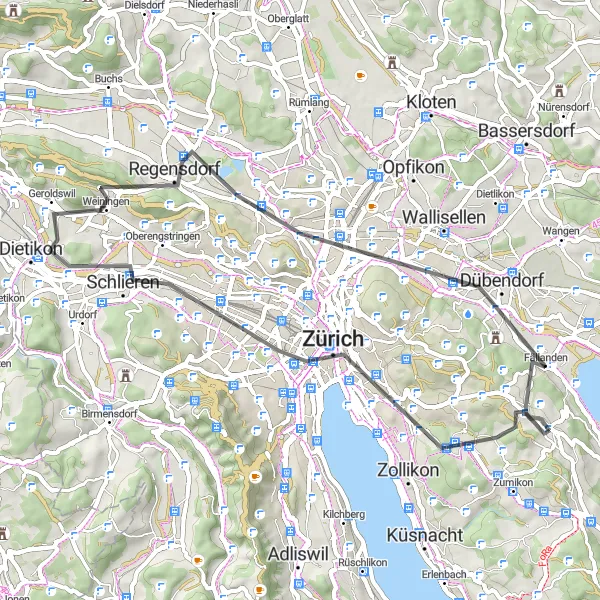Miniatura mapy "Trasa widokowa Zurych-Gubrist" - trasy rowerowej w Zürich, Switzerland. Wygenerowane przez planer tras rowerowych Tarmacs.app