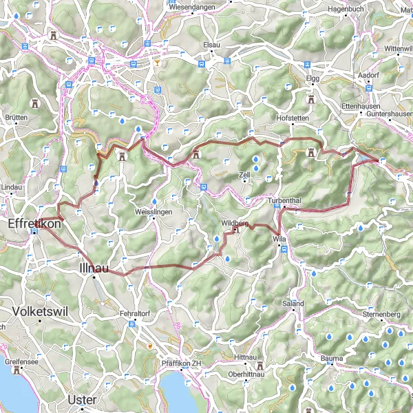 Kartminiatyr av "Kyburg til Burgruine Moosburg Grusrute" sykkelinspirasjon i Zürich, Switzerland. Generert av Tarmacs.app sykkelrutoplanlegger
