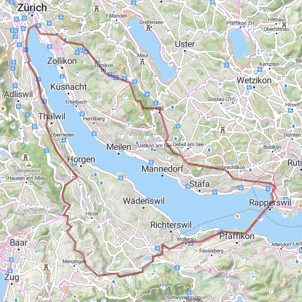 Map miniature of "Gravel Adventure - Lake and Mountain Views" cycling inspiration in Zürich, Switzerland. Generated by Tarmacs.app cycling route planner