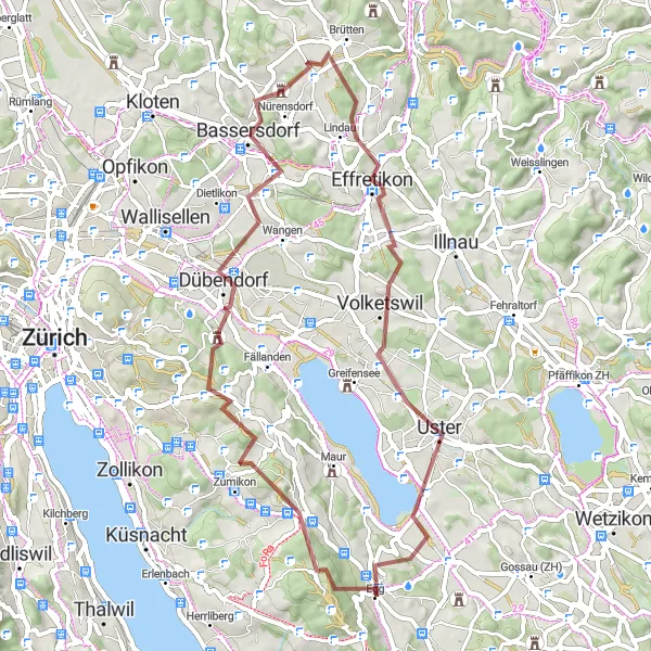 Map miniature of "The Gravel Adventure to Pfannenstiel" cycling inspiration in Zürich, Switzerland. Generated by Tarmacs.app cycling route planner