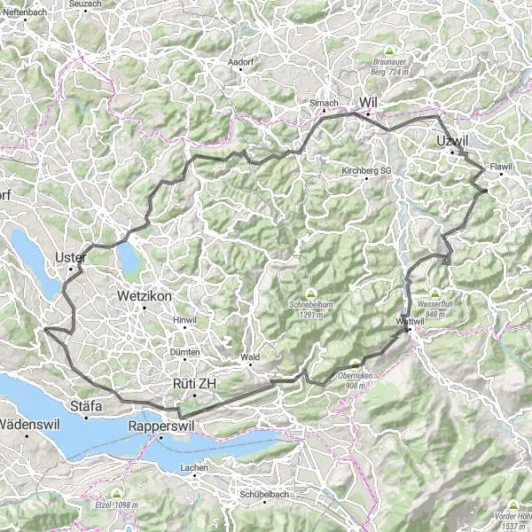 Zemljevid v pomanjšavi "Pot okoli Pfäffikersee in obisk stolpa Jubla Turm Sirnach" kolesarske inspiracije v Zürich, Switzerland. Generirano z načrtovalcem kolesarskih poti Tarmacs.app