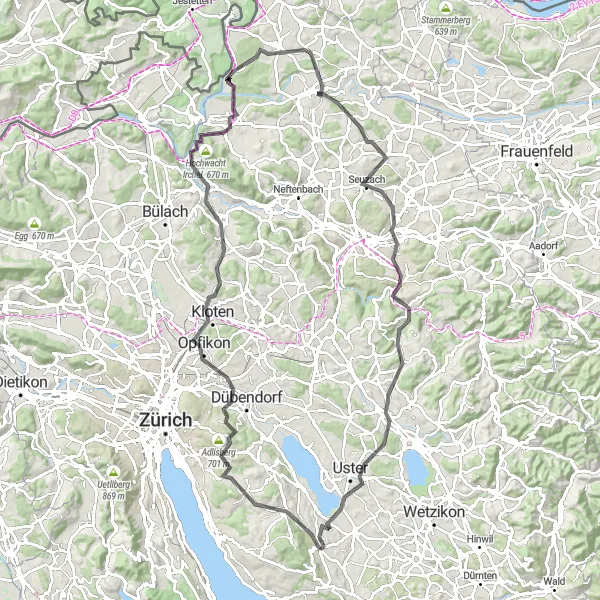 Map miniature of "Zurich Road Journey" cycling inspiration in Zürich, Switzerland. Generated by Tarmacs.app cycling route planner